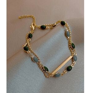 Double Layer Oval Enamal Bead Gold Chain Bracelet Adjustable 2-Tone Fashion Jwly
